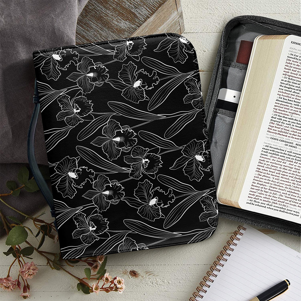 Black Cattleya Flower Pattern Print Leather Bible Cover