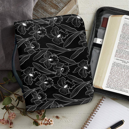 Black Cattleya Flower Pattern Print Leather Bible Cover