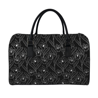 Black Cattleya Flower Pattern Print Leather Duffle Bag