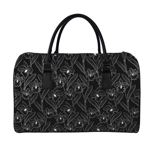 Black Cattleya Flower Pattern Print Leather Duffle Bag