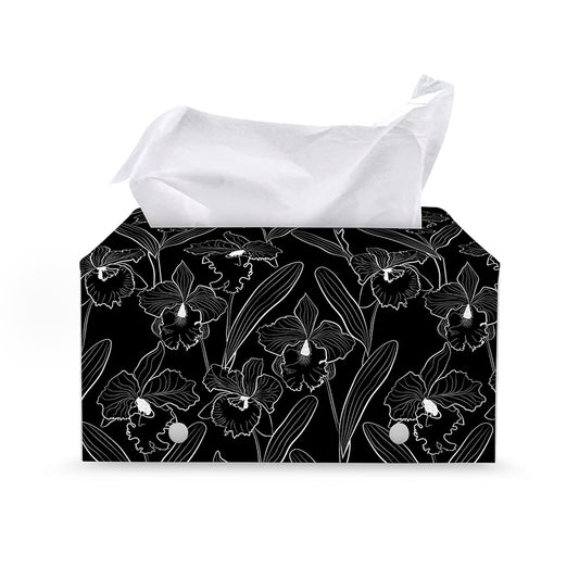 Black Cattleya Flower Pattern Print Leather Tissue Box Cover