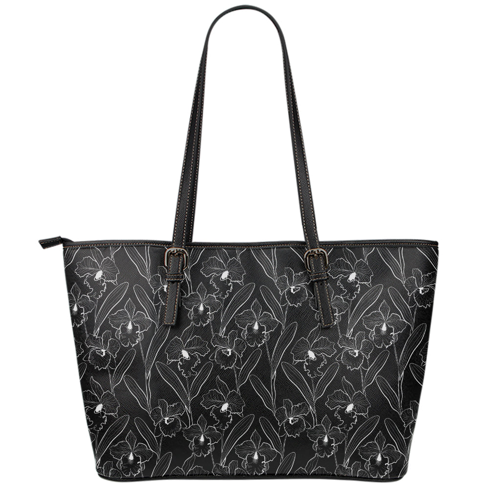 Black Cattleya Flower Pattern Print Leather Tote Bag