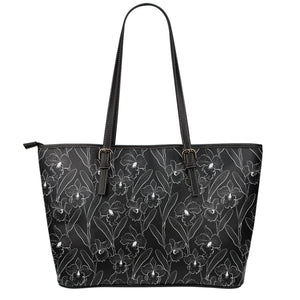 Black Cattleya Flower Pattern Print Leather Tote Bag