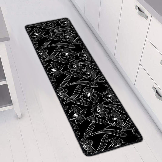Black Cattleya Flower Pattern Print Long Kitchen Mat