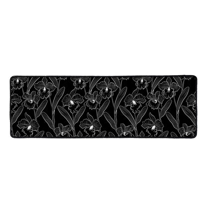 Black Cattleya Flower Pattern Print Long Kitchen Mat