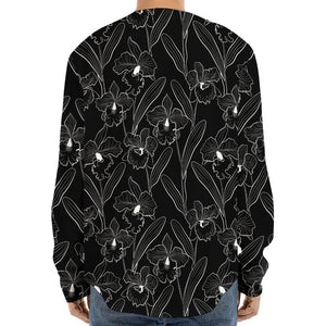 Black Cattleya Flower Pattern Print Long Sleeve Baseball Jersey