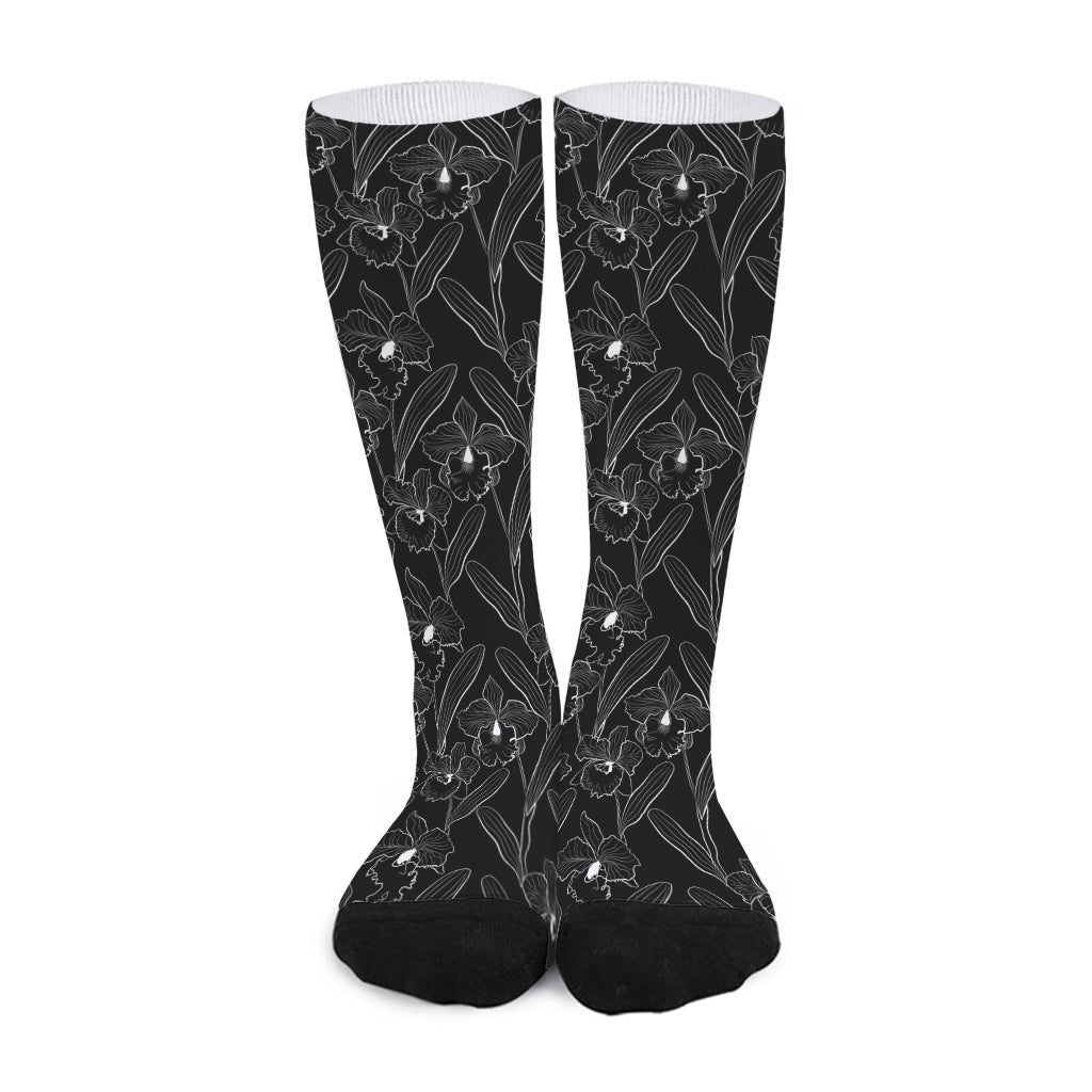 Black Cattleya Flower Pattern Print Long Socks