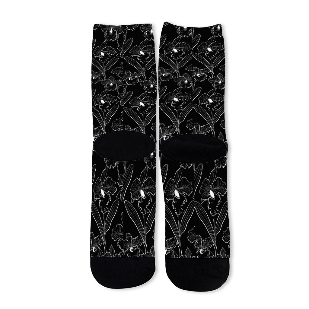 Black Cattleya Flower Pattern Print Long Socks