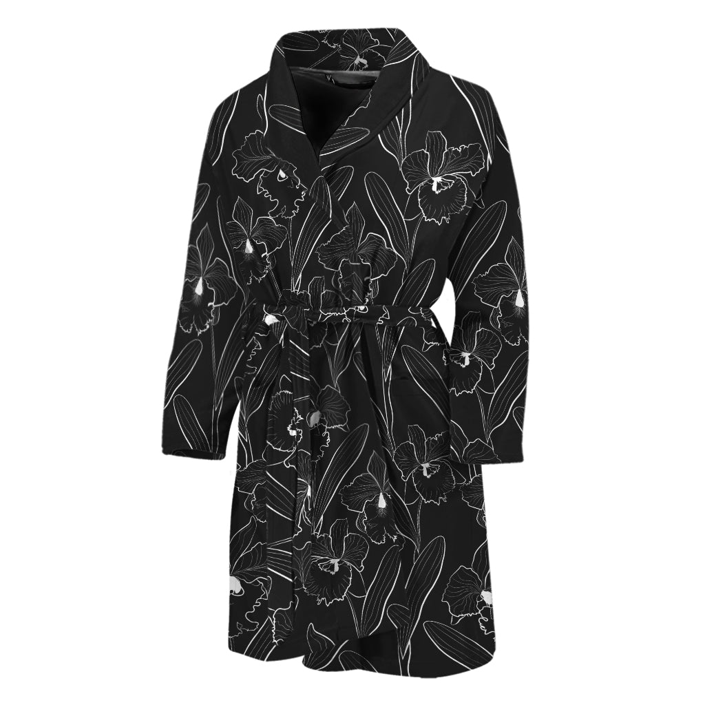 Black Cattleya Flower Pattern Print Men's Bathrobe