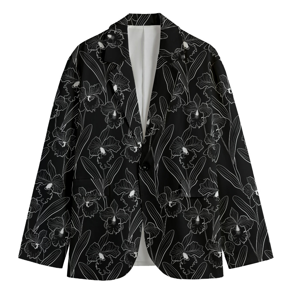 Black Cattleya Flower Pattern Print Men's Blazer