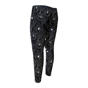 Black Cattleya Flower Pattern Print Men's Compression Pants