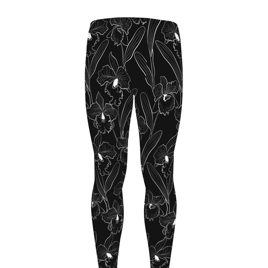 Black Cattleya Flower Pattern Print Men's leggings