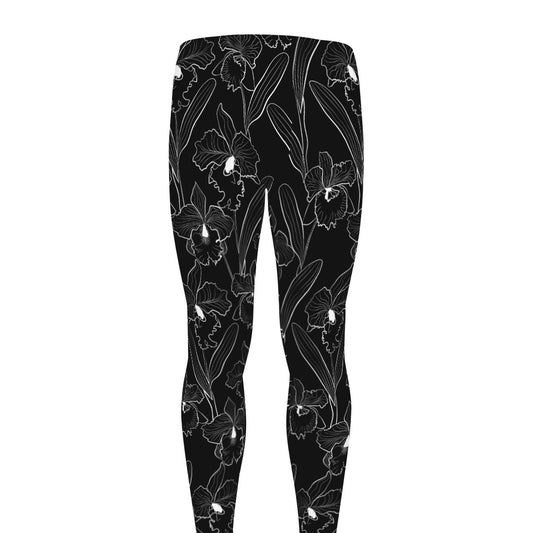 Black Cattleya Flower Pattern Print Men's leggings