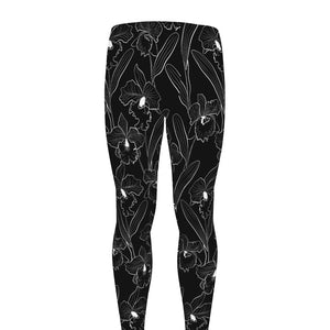 Black Cattleya Flower Pattern Print Men's leggings