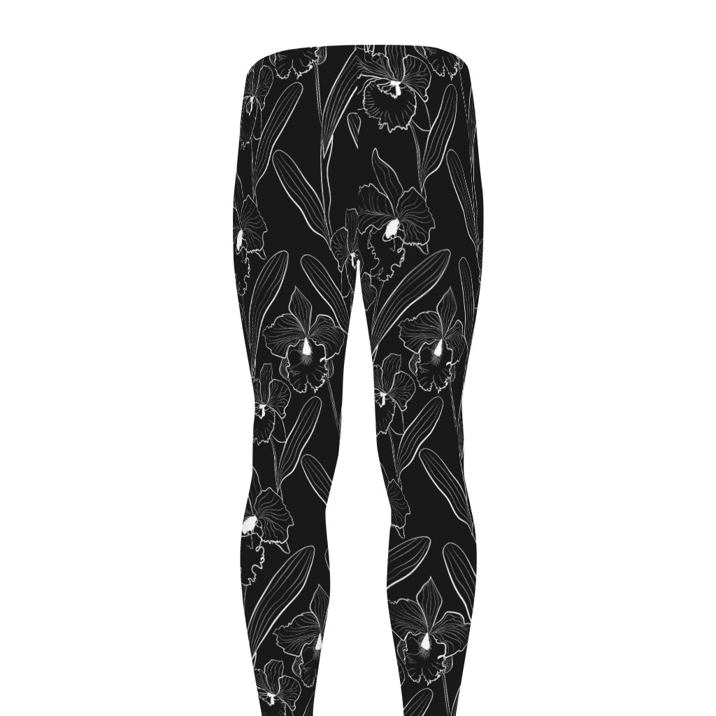 Black Cattleya Flower Pattern Print Men's leggings