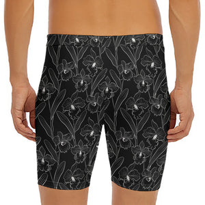 Black Cattleya Flower Pattern Print Men's Long Boxer Briefs