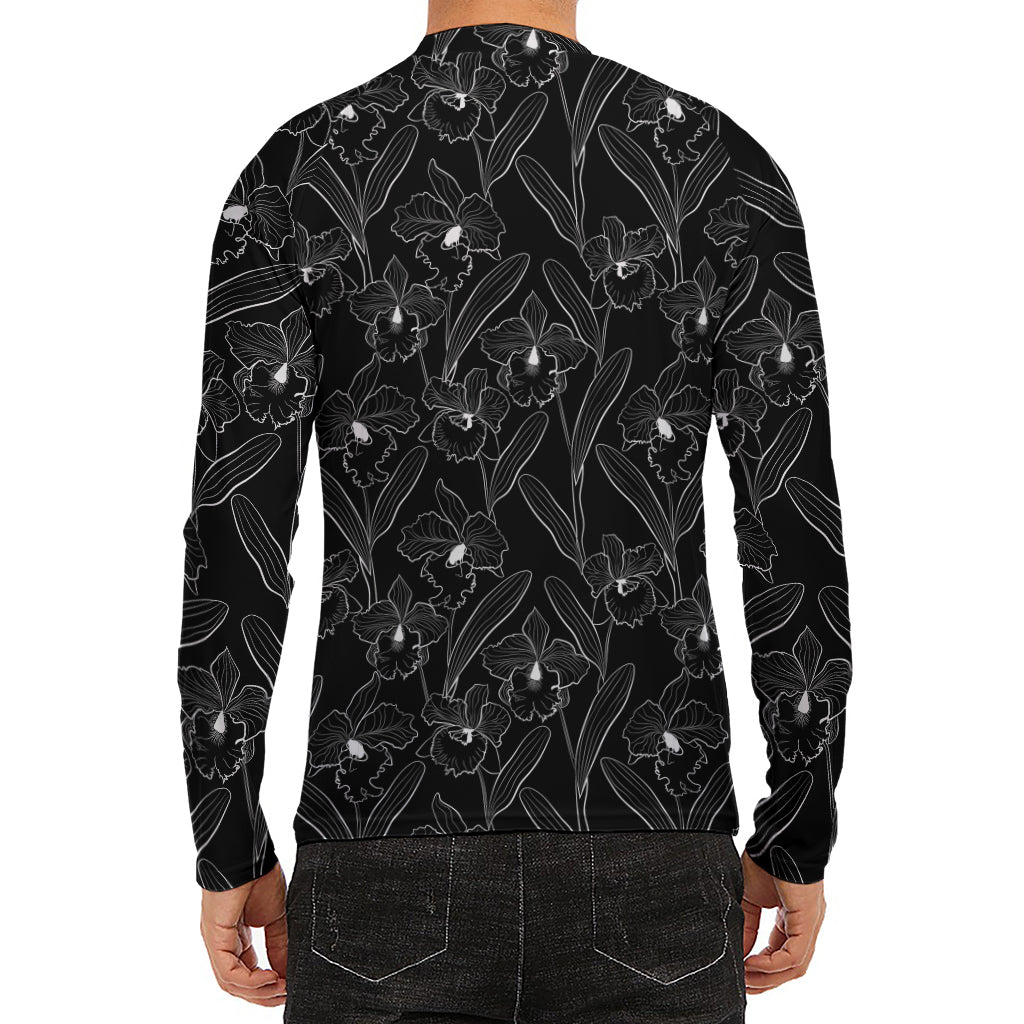 Black Cattleya Flower Pattern Print Men's Long Sleeve Rash Guard