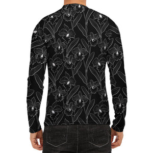 Black Cattleya Flower Pattern Print Men's Long Sleeve Rash Guard