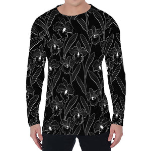 Black Cattleya Flower Pattern Print Men's Long Sleeve T-Shirt