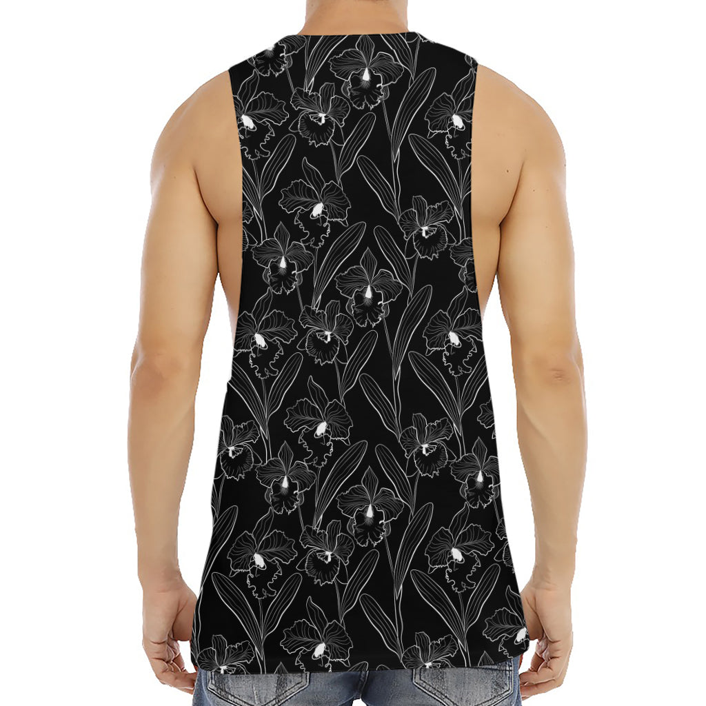 Black Cattleya Flower Pattern Print Men's Muscle Tank Top