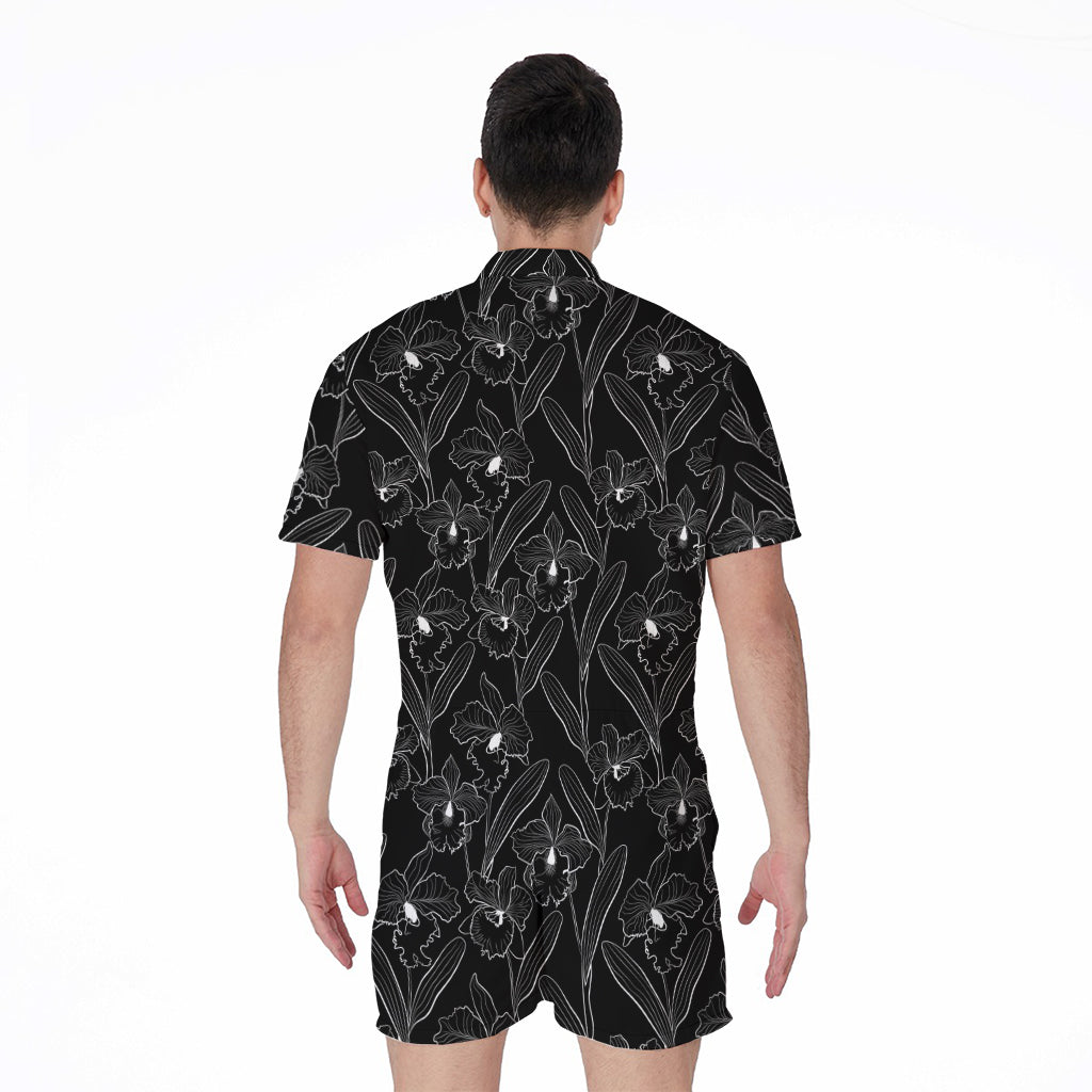 Black Cattleya Flower Pattern Print Men's Rompers