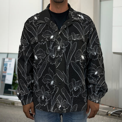 Black Cattleya Flower Pattern Print Men's Shirt Jacket