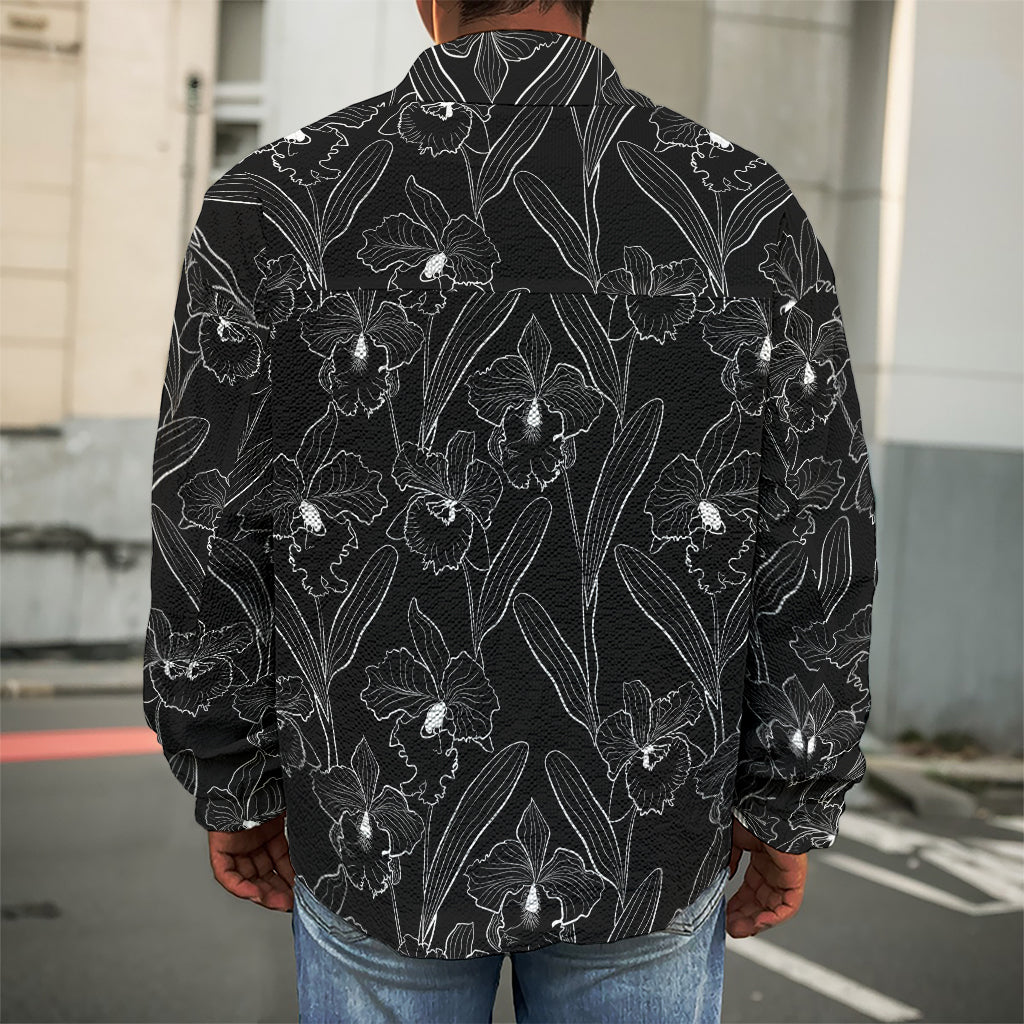 Black Cattleya Flower Pattern Print Men's Shirt Jacket