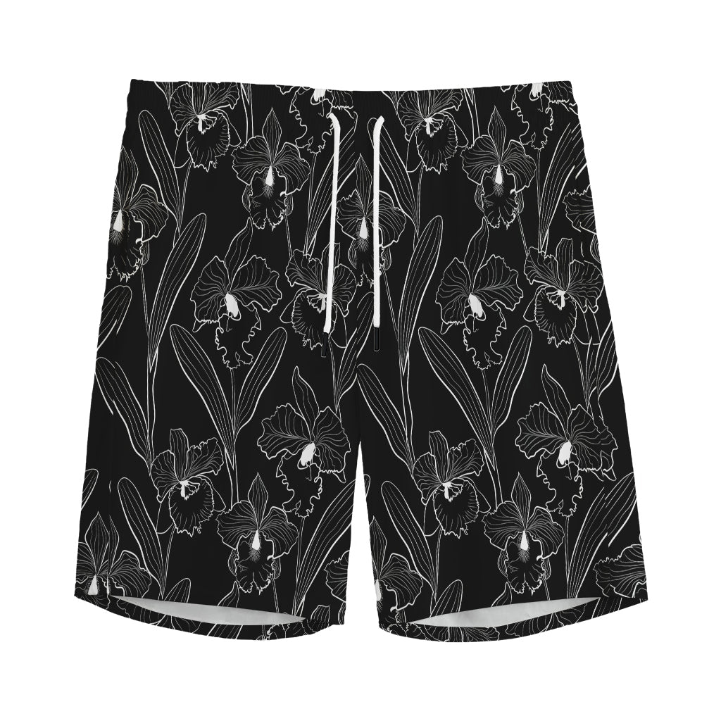 Black Cattleya Flower Pattern Print Men's Sports Shorts