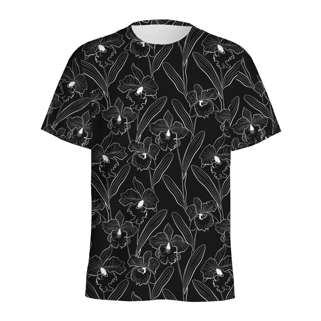 Black Cattleya Flower Pattern Print Men's Sports T-Shirt