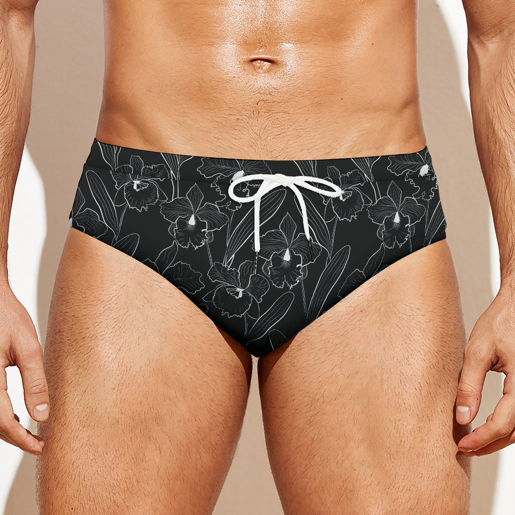 Black Cattleya Flower Pattern Print Men's Swim Briefs