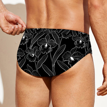 Black Cattleya Flower Pattern Print Men's Swim Briefs