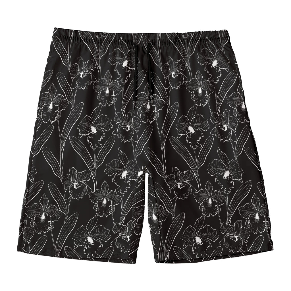 Black Cattleya Flower Pattern Print Men's Swim Trunks