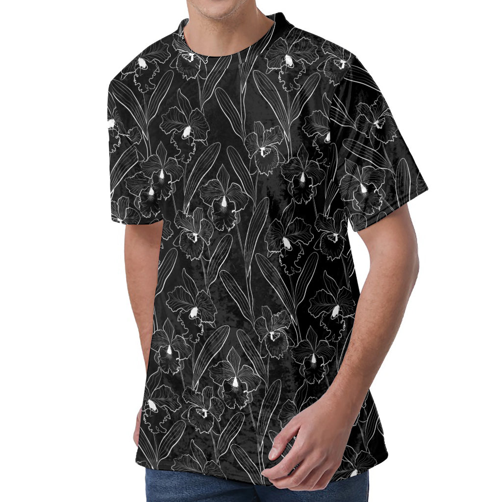 Black Cattleya Flower Pattern Print Men's Velvet T-Shirt