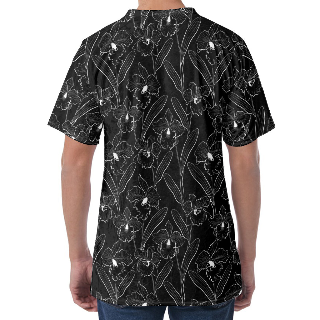 Black Cattleya Flower Pattern Print Men's Velvet T-Shirt