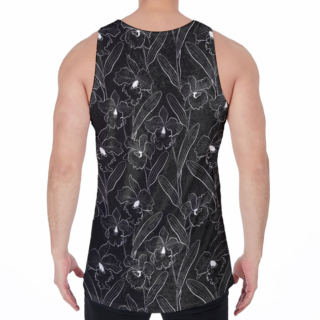 Black Cattleya Flower Pattern Print Men's Velvet Tank Top