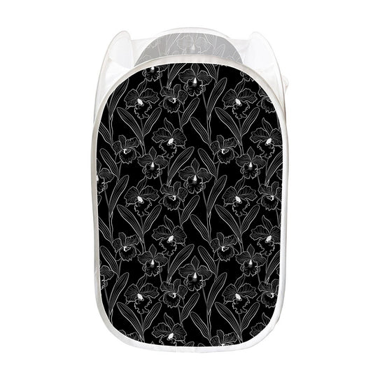 Black Cattleya Flower Pattern Print Mesh Laundry Hamper
