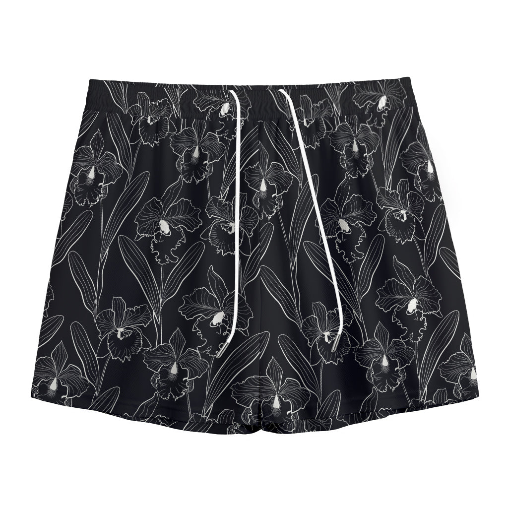 Black Cattleya Flower Pattern Print Mesh Shorts