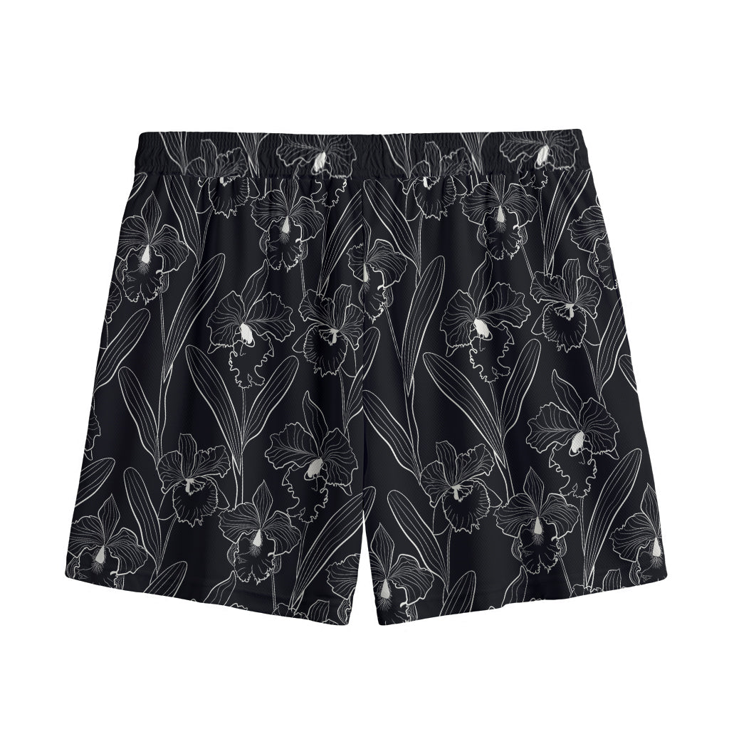 Black Cattleya Flower Pattern Print Mesh Shorts