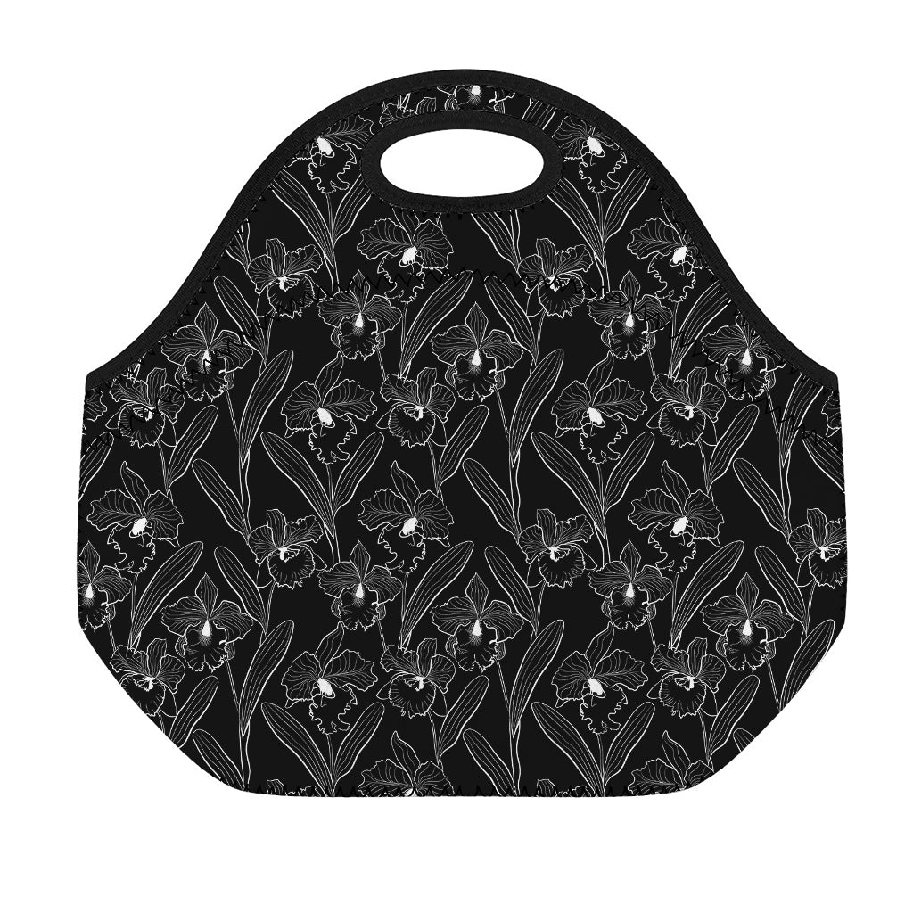 Black Cattleya Flower Pattern Print Neoprene Lunch Bag