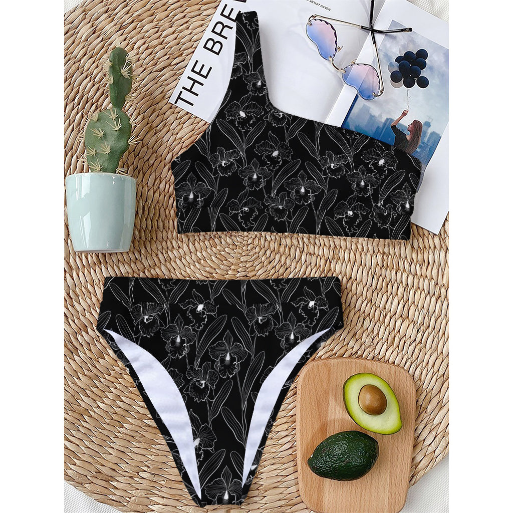 Black Cattleya Flower Pattern Print One Shoulder Bikini Top