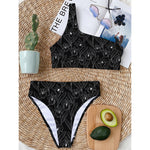 Black Cattleya Flower Pattern Print One Shoulder Bikini Top