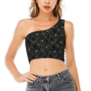 Black Cattleya Flower Pattern Print One Shoulder Crop Top