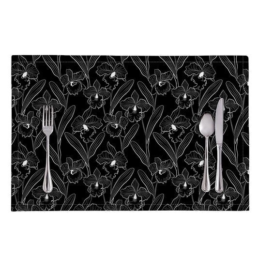 Black Cattleya Flower Pattern Print Placemat