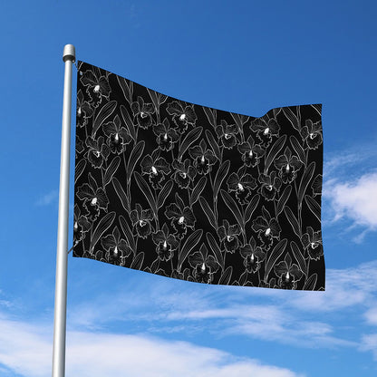 Black Cattleya Flower Pattern Print Polyester Flag