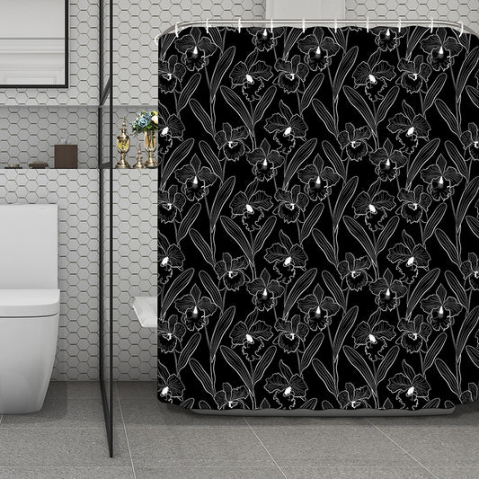 Black Cattleya Flower Pattern Print Polyester Shower Curtain