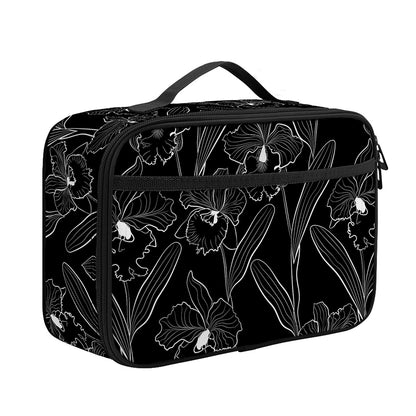 Black Cattleya Flower Pattern Print Portable Lunch Bag