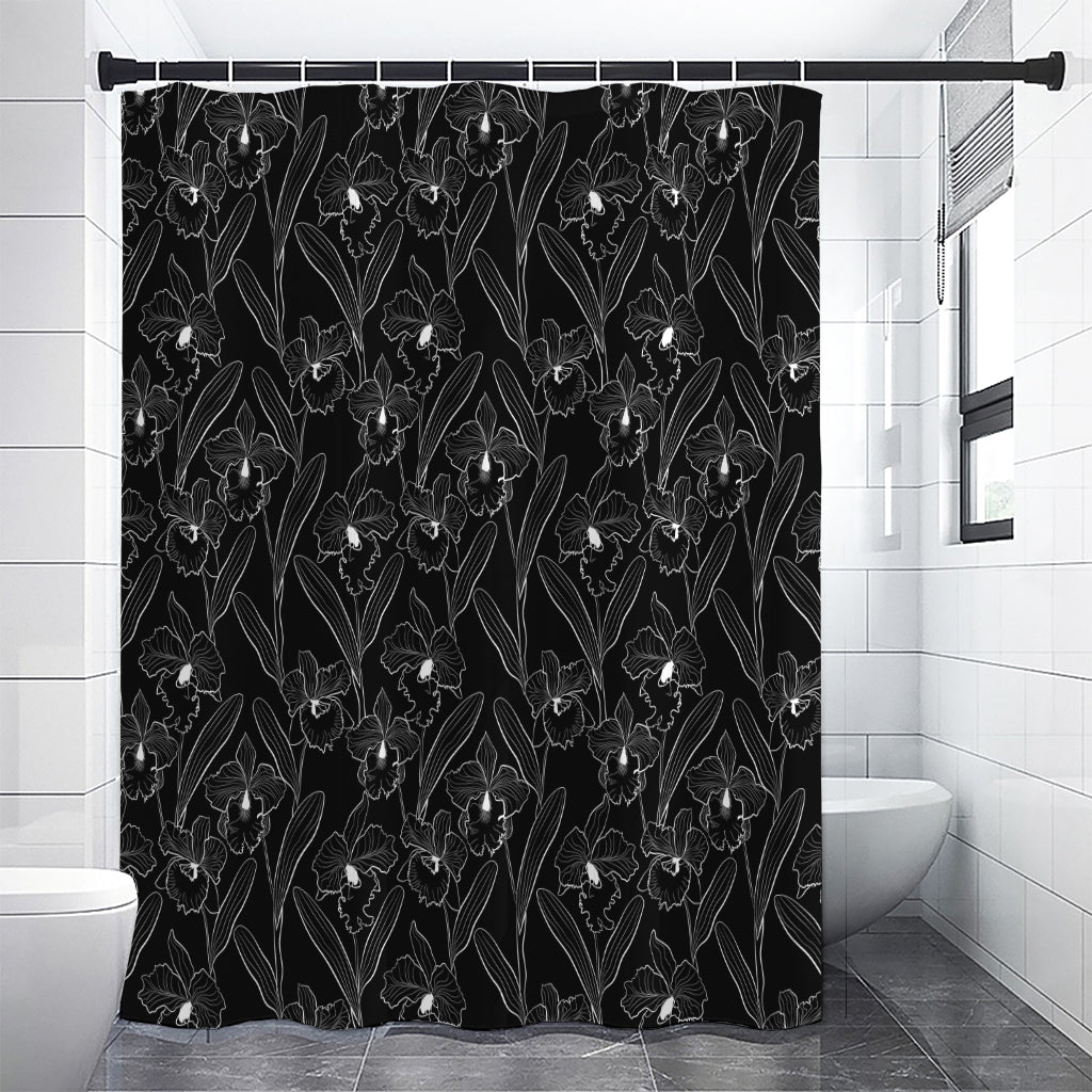 Black Cattleya Flower Pattern Print Premium Shower Curtain