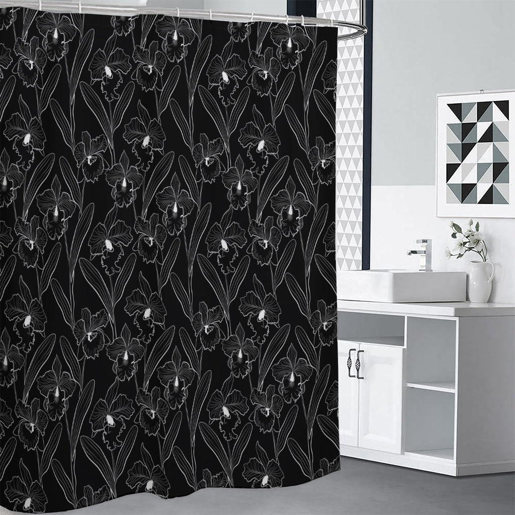 Black Cattleya Flower Pattern Print Premium Shower Curtain