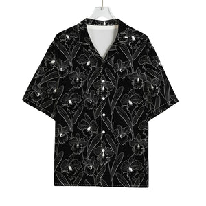 Black Cattleya Flower Pattern Print Rayon Hawaiian Shirt