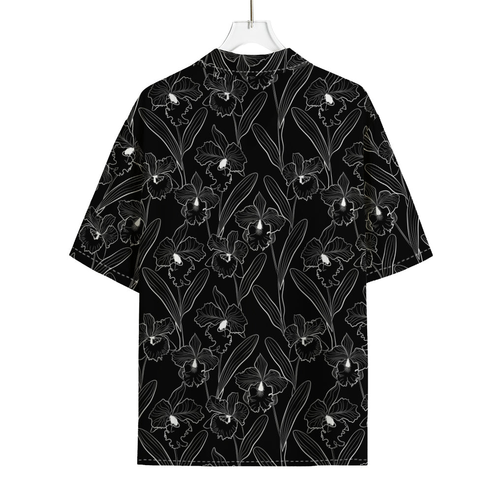 Black Cattleya Flower Pattern Print Rayon Hawaiian Shirt